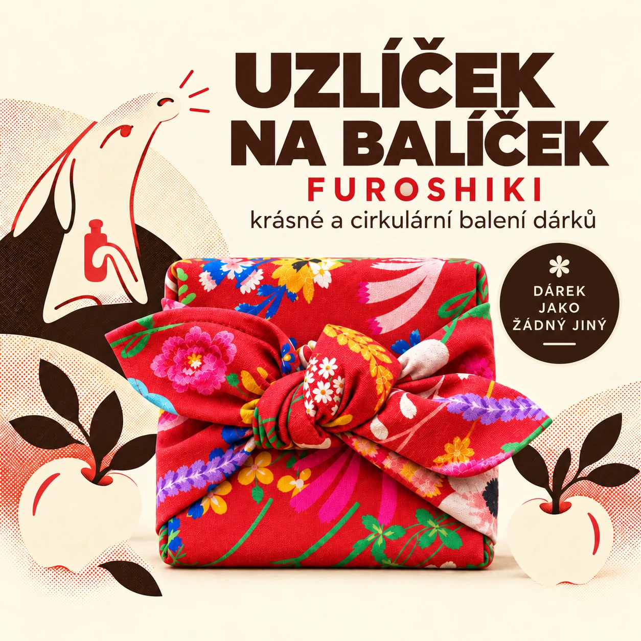 Uzlíček na balíček - dárek zabalený do květované látky furoshiki